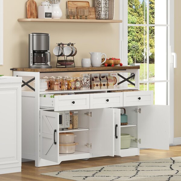 Versatile Sideboard with 2 Cupboards and Smooth‑Glide Drawers, Modern Coffee Bar for Living Room, 140L x 35W x 95H cm, Brown+White Aosom UK