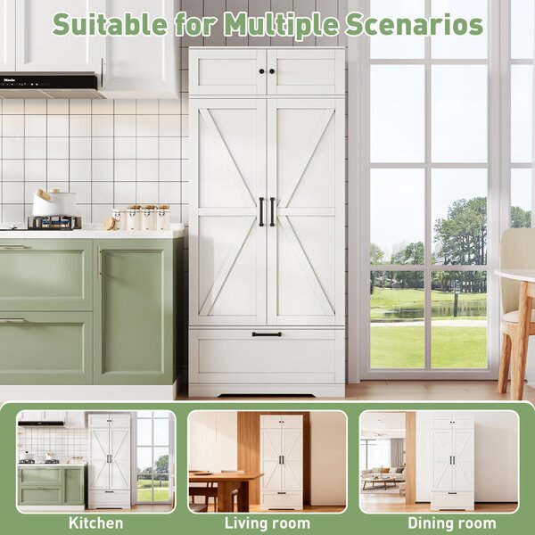 Spacious Kitchen Cabinet with a Drawer, 2 Adjustable Shelves, Multifunctional Pantry for Dining, Living Areas, 80L x 40W x 180H cm, White Aosom UK