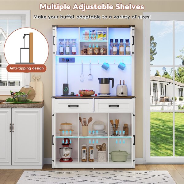 Tall Kitchen Pantry with Drawers and Remote-Controlled LEDs, Stylish Bar Cabinet with Adjustable Shelves, 100L x 40W x 172H cm, Brown+White Aosom UK