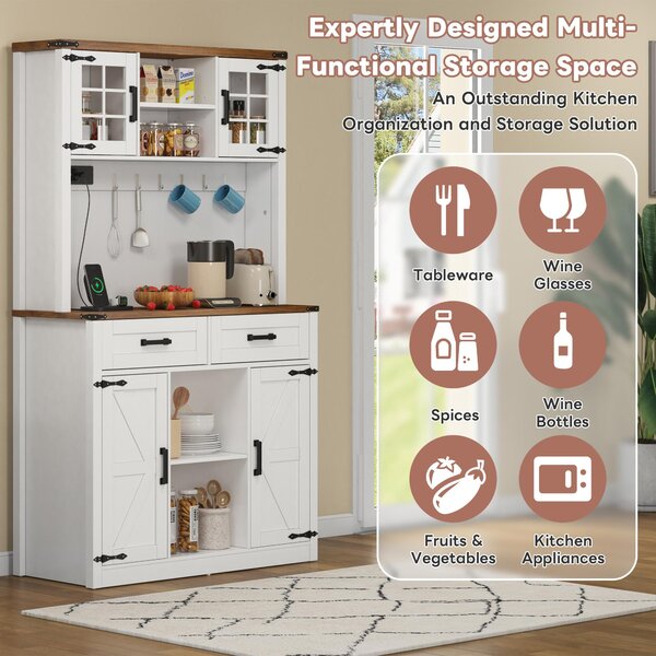 Tall Kitchen Pantry with Drawers and Remote-Controlled LEDs, Stylish Bar Cabinet with Adjustable Shelves, 100L x 40W x 172H cm, Brown+White Aosom UK