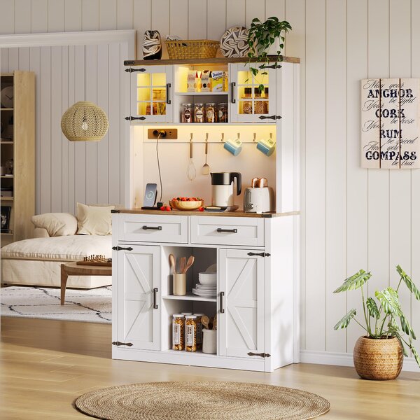 Tall Kitchen Pantry with Drawers and Remote-Controlled LEDs, Stylish Bar Cabinet with Adjustable Shelves, 100L x 40W x 172H cm, Brown+White Aosom UK
