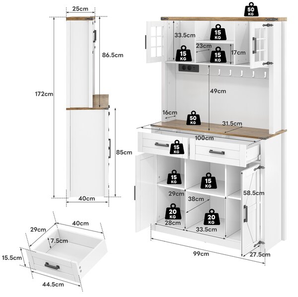 Tall Kitchen Pantry with Drawers and Remote-Controlled LEDs, Stylish Bar Cabinet with Adjustable Shelves, 100L x 40W x 172H cm, Brown+White Aosom UK