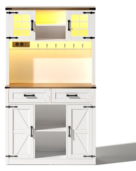 Tall Kitchen Pantry with Drawers and Remote-Controlled LEDs, Stylish Bar Cabinet with Adjustable Shelves, 100L x 40W x 172H cm, Brown+White Aosom UK
