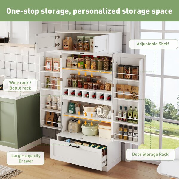 Spacious Kitchen Cabinet with a Drawer, 2 Adjustable Shelves, Multifunctional Pantry for Dining, Living Areas, 80L x 40W x 180H cm, White Aosom UK