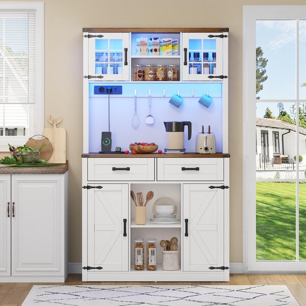 Tall Kitchen Pantry with Drawers and Remote-Controlled LEDs, Stylish Bar Cabinet with Adjustable Shelves, 100L x 40W x 172H cm, Brown+White Aosom UK