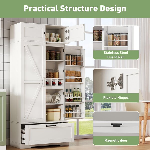 Spacious Kitchen Cabinet with a Drawer, 2 Adjustable Shelves, Multifunctional Pantry for Dining, Living Areas, 80L x 40W x 180H cm, White Aosom UK