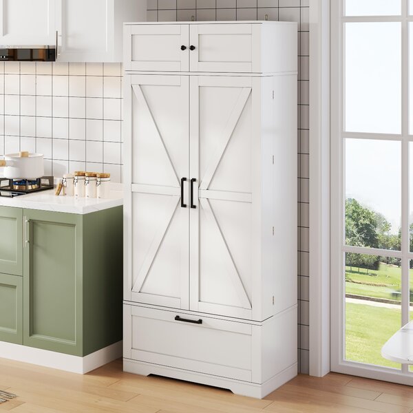 Spacious Kitchen Cabinet with a Drawer, 2 Adjustable Shelves, Multifunctional Pantry for Dining, Living Areas, 80L x 40W x 180H cm, White Aosom UK