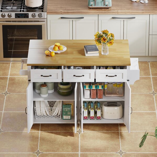 Mobile Kitchen Island with 5 Lockable Castors, Central Wheel, Practical Cart with Foldable Tabletop, 140L x 70W x 90.5H cm, White+Natural Aosom UK
