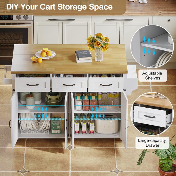 Mobile Kitchen Island with 5 Lockable Castors, Central Wheel, Practical Cart with Foldable Tabletop, 140L x 70W x 90.5H cm, White+Natural Aosom UK