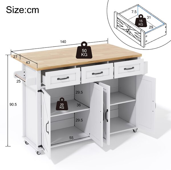 Mobile Kitchen Island with 5 Lockable Castors, Central Wheel, Practical Cart with Foldable Tabletop, 140L x 70W x 90.5H cm, White+Natural Aosom UK