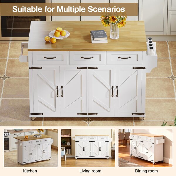 Mobile Kitchen Island with 5 Lockable Castors, Central Wheel, Practical Cart with Foldable Tabletop, 140L x 70W x 90.5H cm, White+Natural Aosom UK