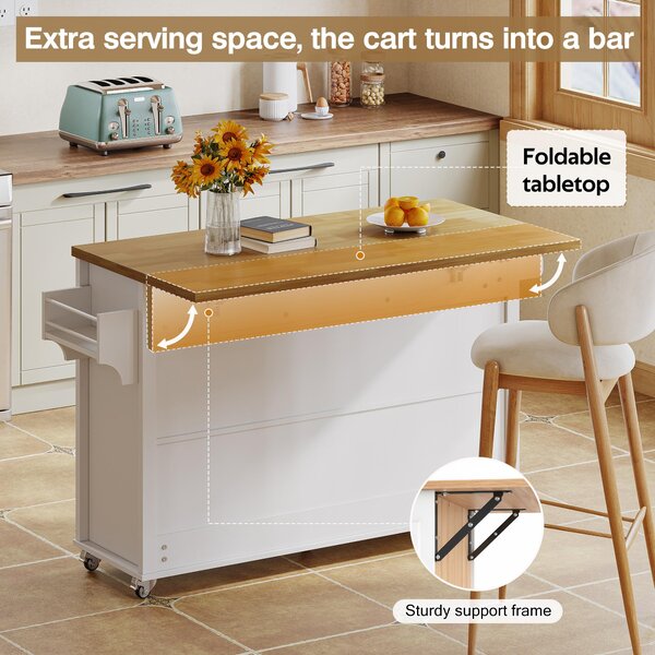 Mobile Kitchen Island with 5 Lockable Castors, Central Wheel, Practical Cart with Foldable Tabletop, 140L x 70W x 90.5H cm, White+Natural Aosom UK