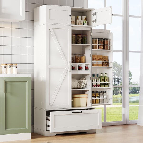 Spacious Kitchen Cabinet with a Drawer, 2 Adjustable Shelves, Multifunctional Pantry for Dining, Living Areas, 80L x 40W x 180H cm, White Aosom UK