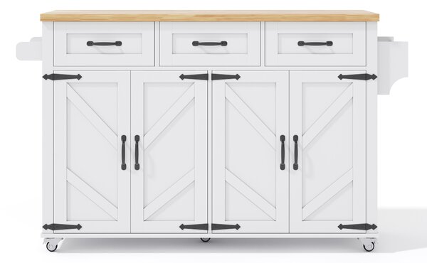 Mobile Kitchen Island with 5 Lockable Castors, Central Wheel, Practical Cart with Foldable Tabletop, 140L x 70W x 90.5H cm, White+Natural Aosom UK