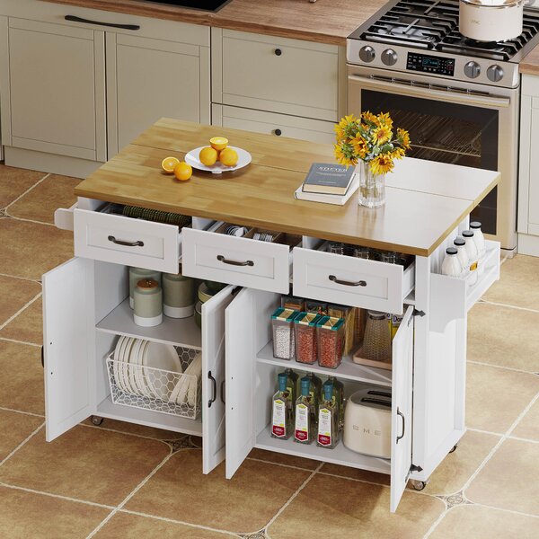 Mobile Kitchen Island with 5 Lockable Castors, Central Wheel, Practical Cart with Foldable Tabletop, 140L x 70W x 90.5H cm, White+Natural Aosom UK