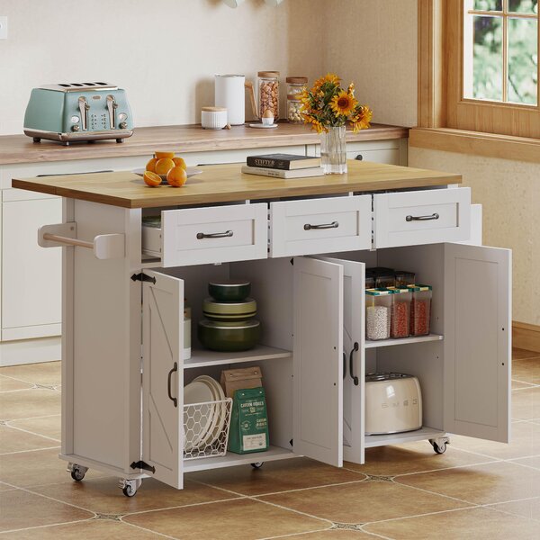 Mobile Kitchen Island with 5 Lockable Castors, Central Wheel, Practical Cart with Foldable Tabletop, 140L x 70W x 90.5H cm, White+Natural Aosom UK
