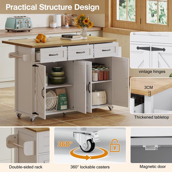 Mobile Kitchen Island with 5 Lockable Castors, Central Wheel, Practical Cart with Foldable Tabletop, 140L x 70W x 90.5H cm, White+Natural Aosom UK