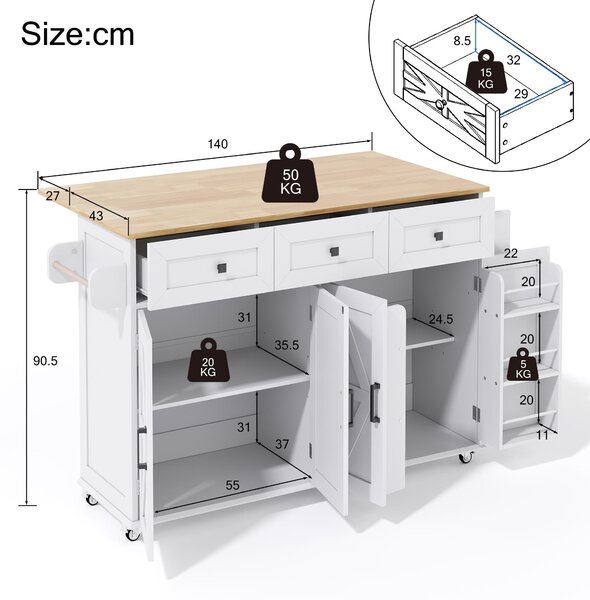 Practical Kitchen Island with 3 Drawers, Door-Mounted Shelf, Trendy Cart with Foldable Countertop, 140L x 70W x 90.5H cm, White+Natural Aosom UK