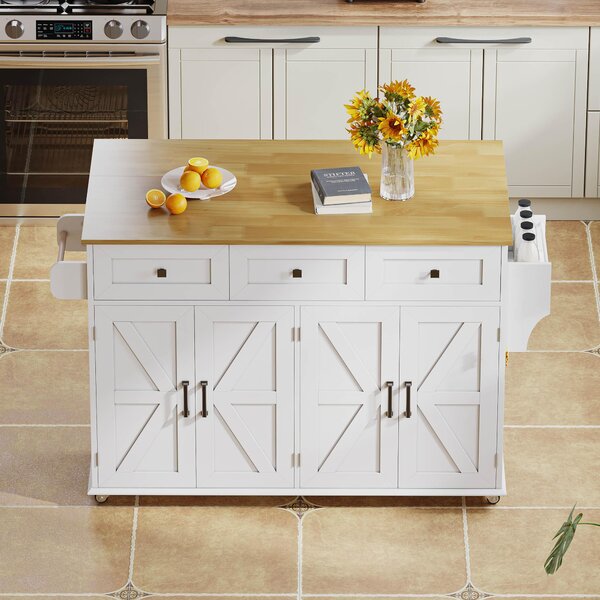 Practical Kitchen Island with 3 Drawers, Door-Mounted Shelf, Trendy Cart with Foldable Countertop, 140L x 70W x 90.5H cm, White+Natural Aosom UK