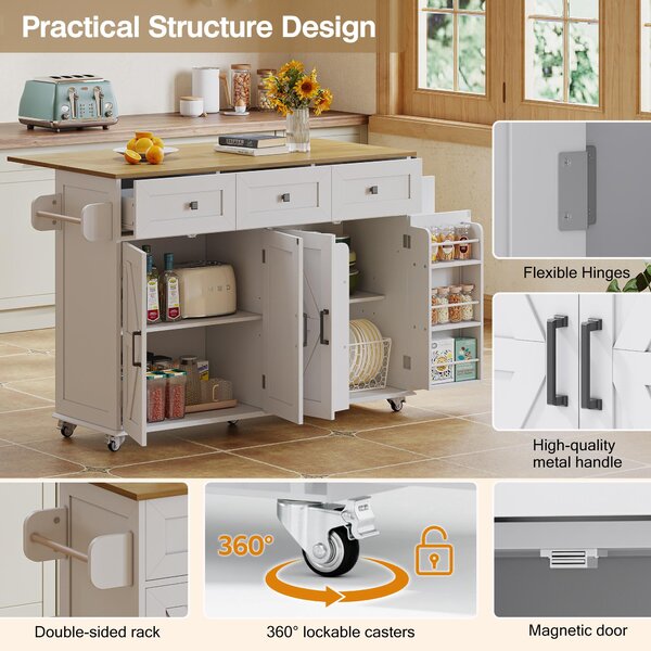 Practical Kitchen Island with 3 Drawers, Door-Mounted Shelf, Trendy Cart with Foldable Countertop, 140L x 70W x 90.5H cm, White+Natural Aosom UK