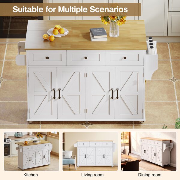 Practical Kitchen Island with 3 Drawers, Door-Mounted Shelf, Trendy Cart with Foldable Countertop, 140L x 70W x 90.5H cm, White+Natural Aosom UK