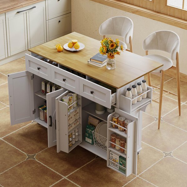 Practical Kitchen Island with 3 Drawers, Door-Mounted Shelf, Trendy Cart with Foldable Countertop, 140L x 70W x 90.5H cm, White+Natural Aosom UK
