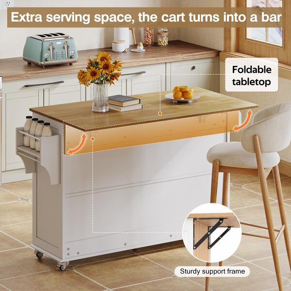 Practical Kitchen Island with 3 Drawers, Door-Mounted Shelf, Trendy Cart with Foldable Countertop, 140L x 70W x 90.5H cm, White+Natural Aosom UK