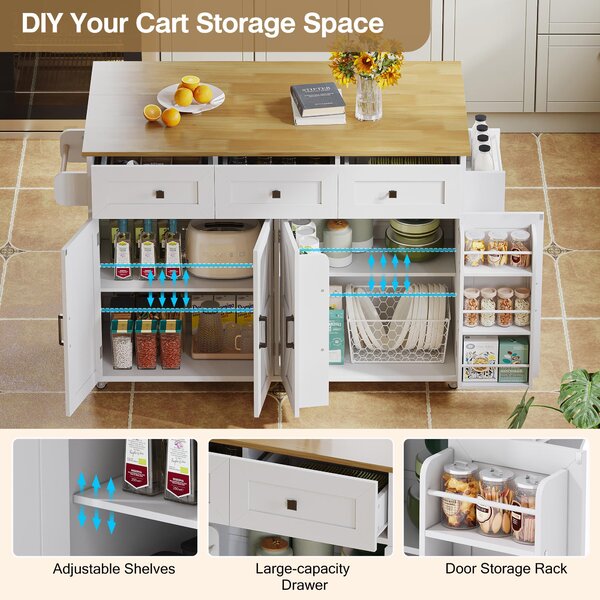 Practical Kitchen Island with 3 Drawers, Door-Mounted Shelf, Trendy Cart with Foldable Countertop, 140L x 70W x 90.5H cm, White+Natural Aosom UK