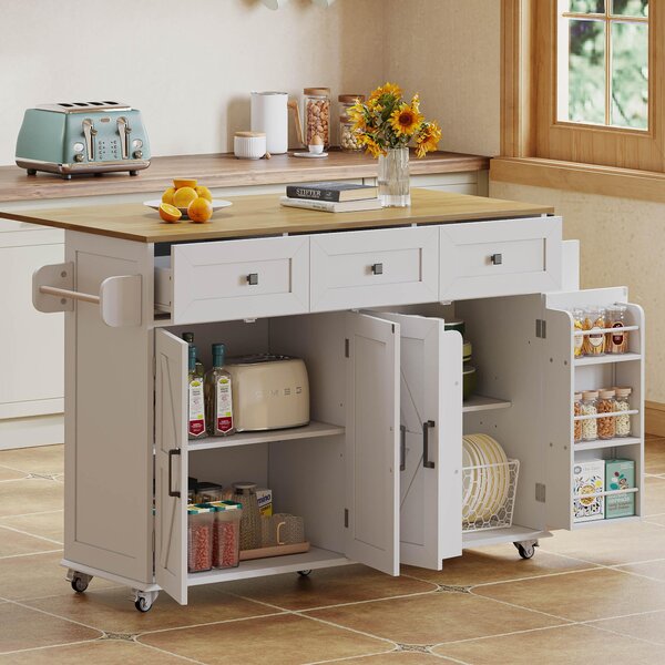 Practical Kitchen Island with 3 Drawers, Door-Mounted Shelf, Trendy Cart with Foldable Countertop, 140L x 70W x 90.5H cm, White+Natural Aosom UK
