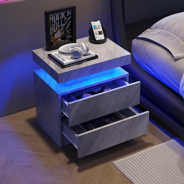 Versatile Bedside Table with Adjustable LED Lights, 2 Drawers, Modern Nightstand for Bedroom, Living Room, 49L x 35W x 52H cm, Gray Aosom.UK