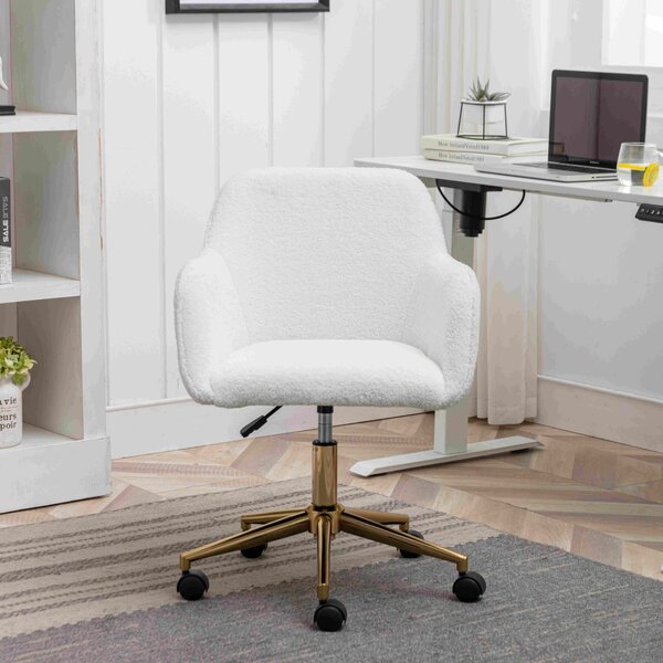 Boucle Teddy Swivel Office Chair, Adjustable Height, Ergonomic Back, Gold Legs, Vanity/Desk Chair with Arms, 58x58x86 cm, White Aosom UK
