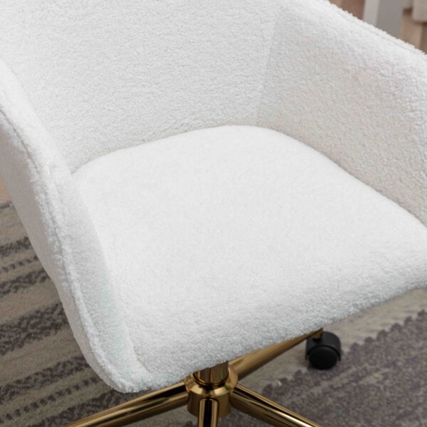 Boucle Teddy Swivel Office Chair, Adjustable Height, Ergonomic Back, Gold Legs, Vanity/Desk Chair with Arms, 58x58x86 cm, White Aosom UK