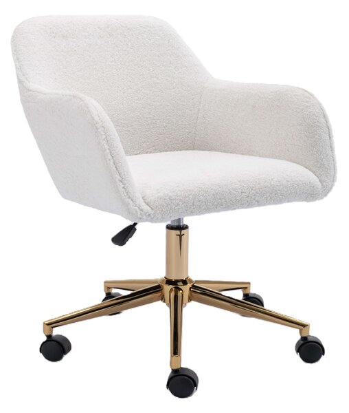 Boucle Teddy Swivel Office Chair, Adjustable Height, Ergonomic Back, Gold Legs, Vanity/Desk Chair with Arms, 58x58x86 cm, White Aosom UK