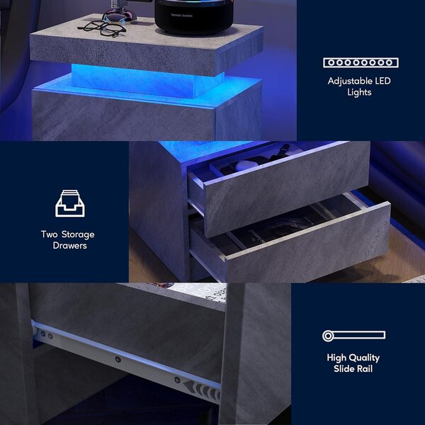 Versatile Bedside Table with Adjustable LED Lights, 2 Drawers, Modern Nightstand for Bedroom, Living Room, 49L x 35W x 52H cm, Gray Aosom.UK