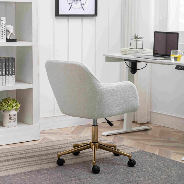 Boucle Teddy Swivel Office Chair, Adjustable Height, Ergonomic Back, Gold Legs, Vanity/Desk Chair with Arms, 58x58x86 cm, White Aosom UK