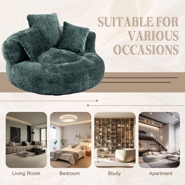 Lazy Sofa Bean Bag Chair with 3 Pillows, Memory Foam Filling, High Back, Ideal for Indoor and Outdoor Use, 108L x 108W x 52H cm, Green Aosom UK