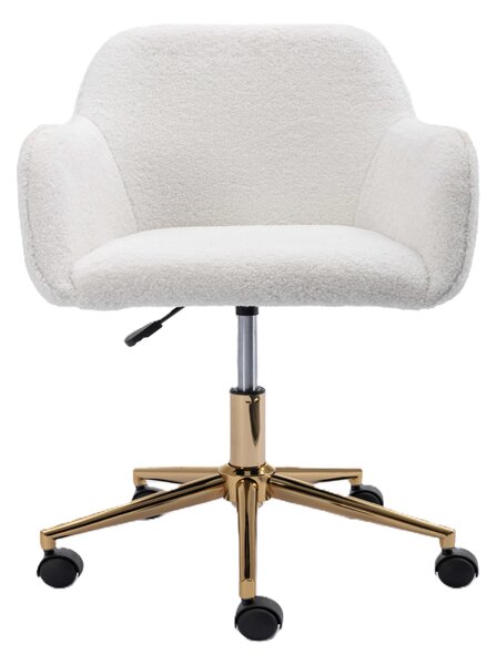 Boucle Teddy Swivel Office Chair, Adjustable Height, Ergonomic Back, Gold Legs, Vanity/Desk Chair with Arms, 58x58x86 cm, White Aosom UK