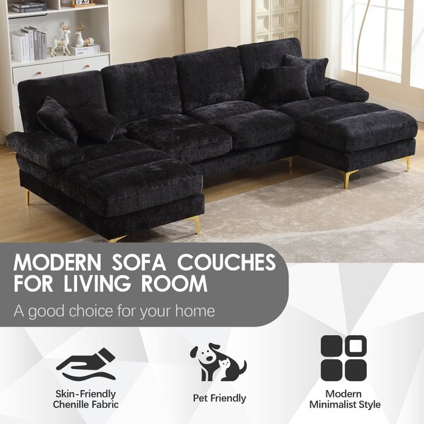 Elegant U-Shaped Modular Sofa with Pillows, Double Chaise, Rubber Pads, Sectional Couch for Social Gatherings, 272L x 136W x 88H cm, Black Aosom UK