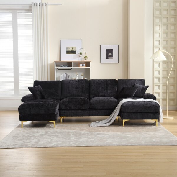 Elegant U-Shaped Modular Sofa with Pillows, Double Chaise, Rubber Pads, Sectional Couch for Social Gatherings, 272L x 136W x 88H cm, Black Aosom UK