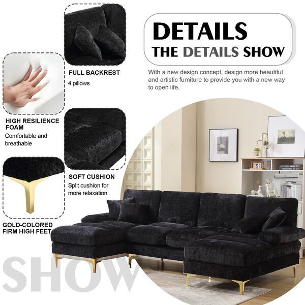 Elegant U-Shaped Modular Sofa with Pillows, Double Chaise, Rubber Pads, Sectional Couch for Social Gatherings, 272L x 136W x 88H cm, Black Aosom UK
