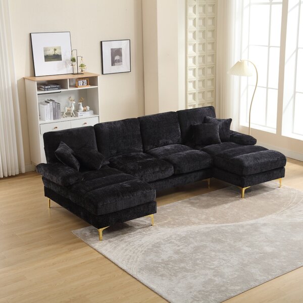 Elegant U-Shaped Modular Sofa with Pillows, Double Chaise, Rubber Pads, Sectional Couch for Social Gatherings, 272L x 136W x 88H cm, Black Aosom UK