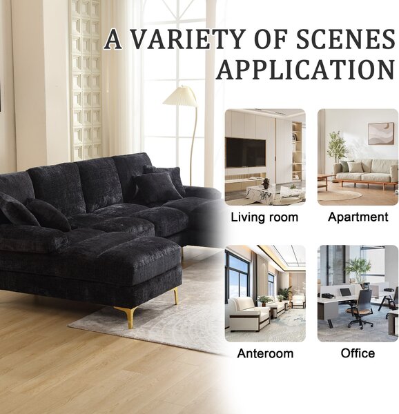 Elegant U-Shaped Modular Sofa with Pillows, Double Chaise, Rubber Pads, Sectional Couch for Social Gatherings, 272L x 136W x 88H cm, Black Aosom UK