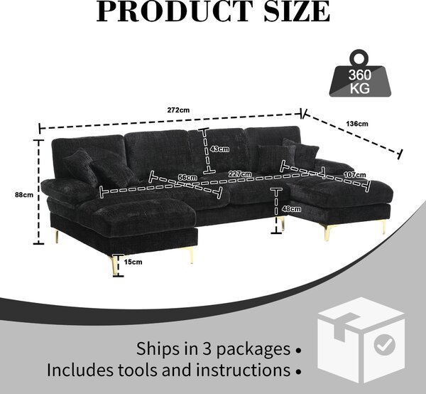 Elegant U-Shaped Modular Sofa with Pillows, Double Chaise, Rubber Pads, Sectional Couch for Social Gatherings, 272L x 136W x 88H cm, Black Aosom UK