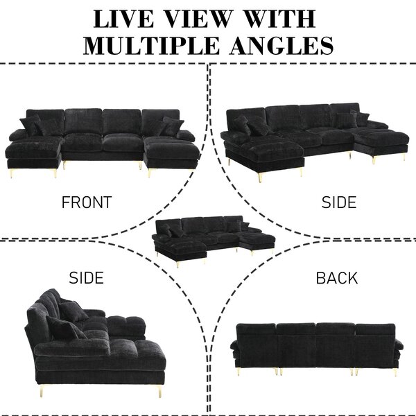 Elegant U-Shaped Modular Sofa with Pillows, Double Chaise, Rubber Pads, Sectional Couch for Social Gatherings, 272L x 136W x 88H cm, Black Aosom UK
