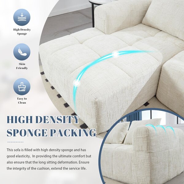 Modular L-Shaped Sofa with Deep Seating and Sleeper Function, Upholstered Lounge Couch for Living Area, 250L x 158W x 60H cm, Beige Aosom UK