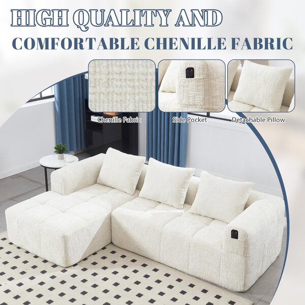 Modular L-Shaped Sofa with Deep Seating and Sleeper Function, Upholstered Lounge Couch for Living Area, 250L x 158W x 60H cm, Beige Aosom UK