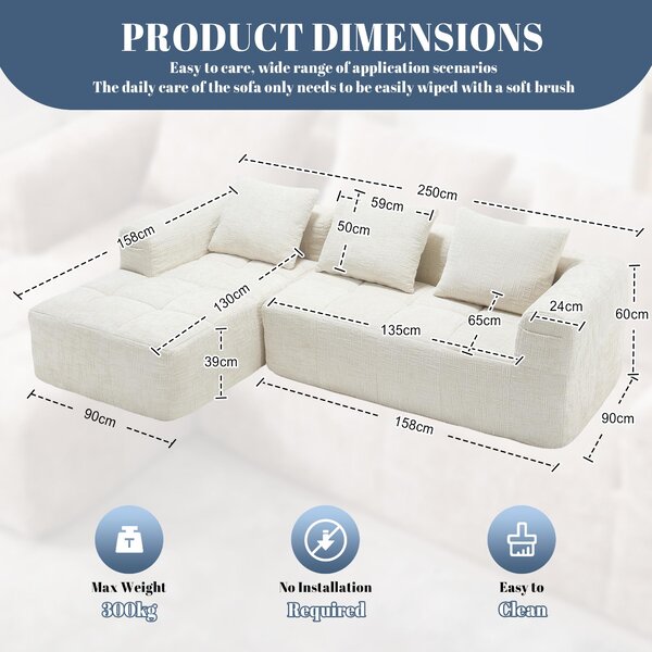 Modular L-Shaped Sofa with Deep Seating and Sleeper Function, Upholstered Lounge Couch for Living Area, 250L x 158W x 60H cm, Beige Aosom UK