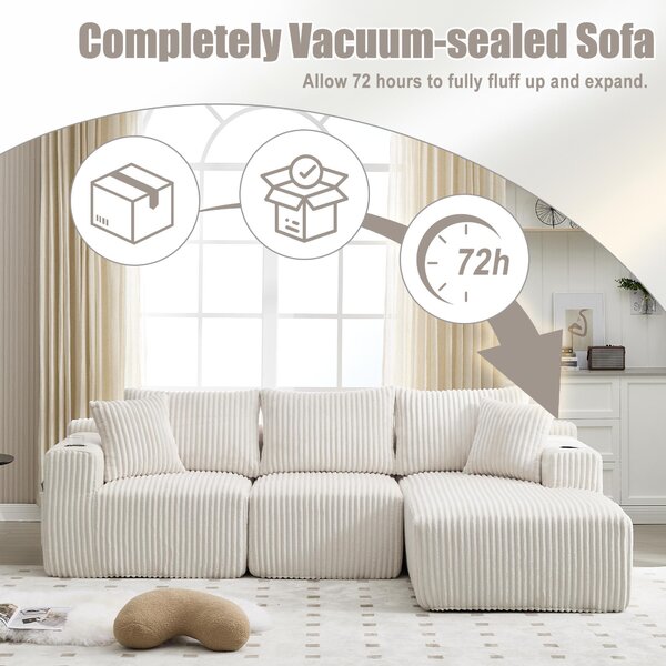 Modular L-Shaped Sectional Sofa with High-Resilience Foam, Plush Corduroy Chaise Lounge for 3 People, 257L x 160W x 80H cm, Beige Aosom UK