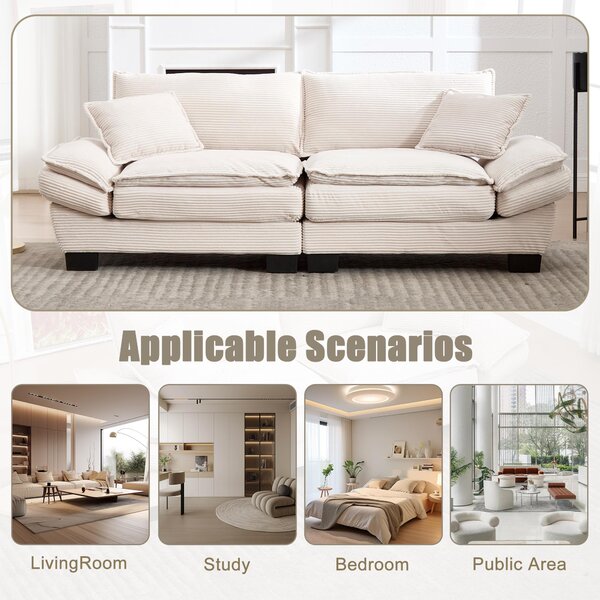 Oversized Cloud Sofa with Ergonomic High-Resilience Foam & 2 Lumbar Cushions, Modular Couch for 2 People, 224L x 81W x 81H cm, Beige Aosom UK