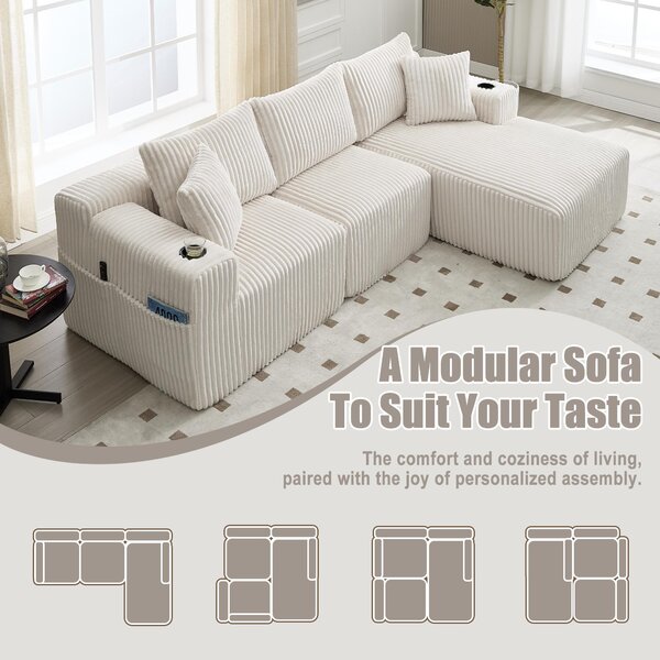 Modular L-Shaped Sectional Sofa with High-Resilience Foam, Plush Corduroy Chaise Lounge for 3 People, 257L x 160W x 80H cm, Beige Aosom UK